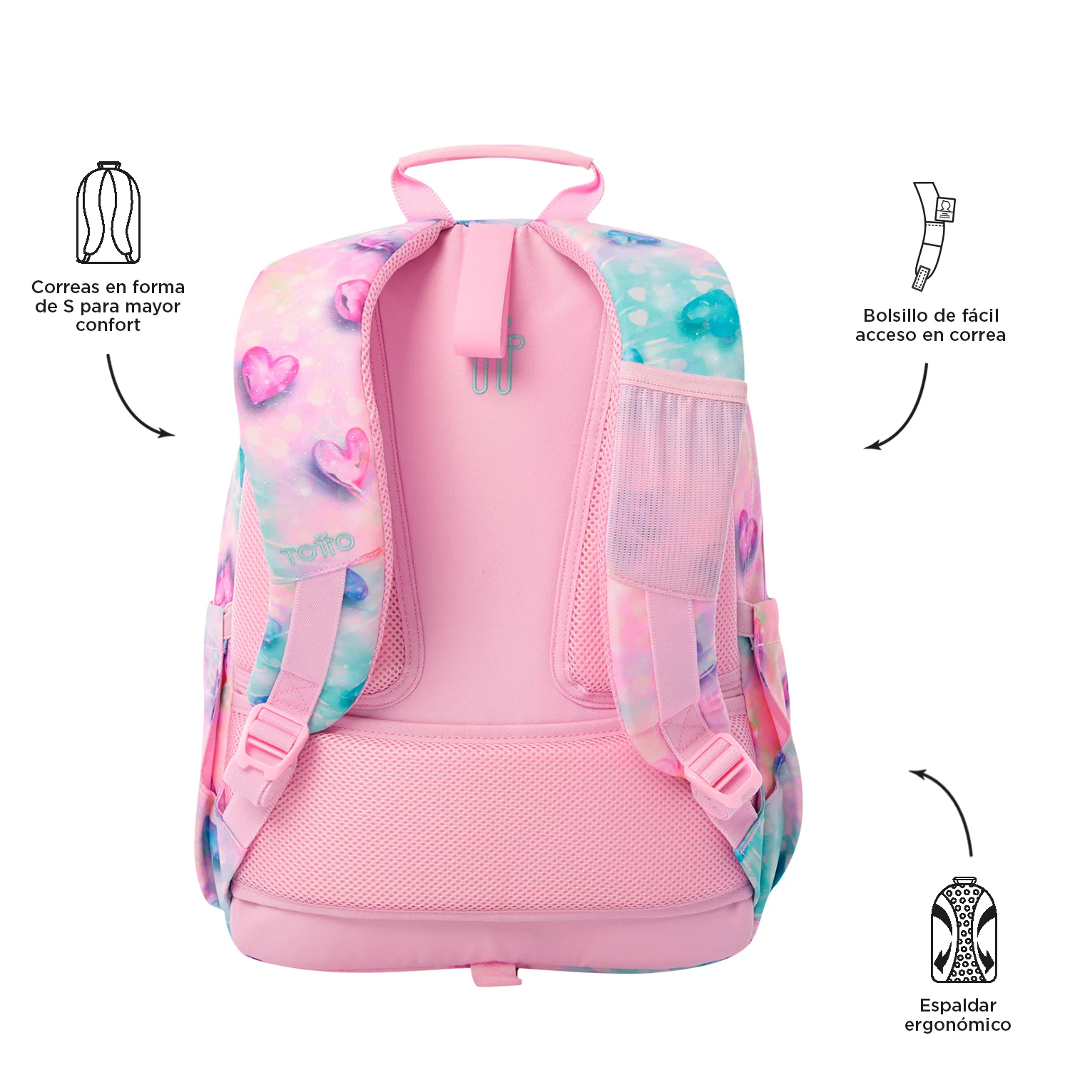 TOTTO Mochila escolar adaptable a carro Shiny Heart 1KB- Acuareles - Image 3