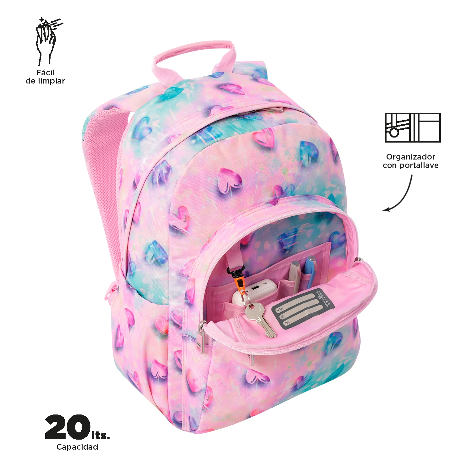 TOTTO Mochila escolar adaptable a carro Shiny Heart 1KB- Acuareles - Image 4