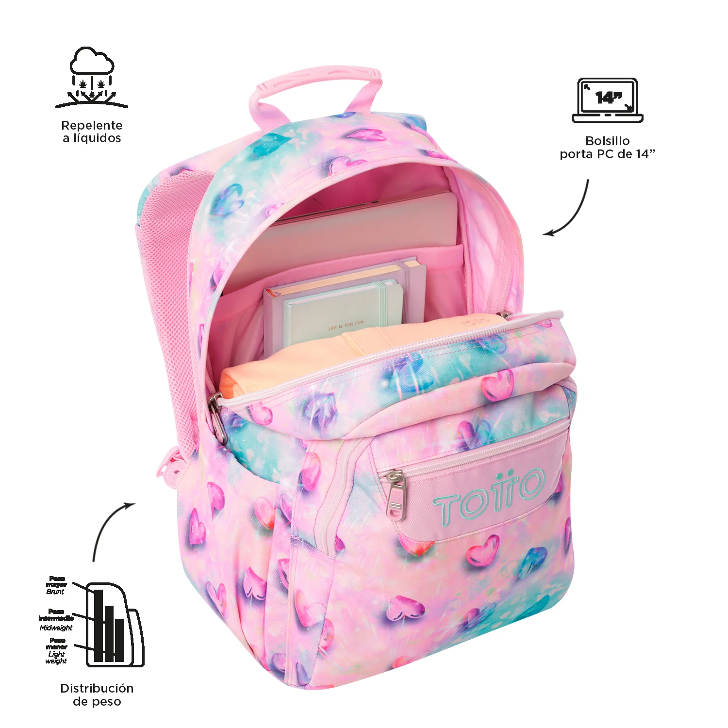 TOTTO Mochila escolar adaptable a carro Shiny Heart 1KB- Acuareles - Image 5